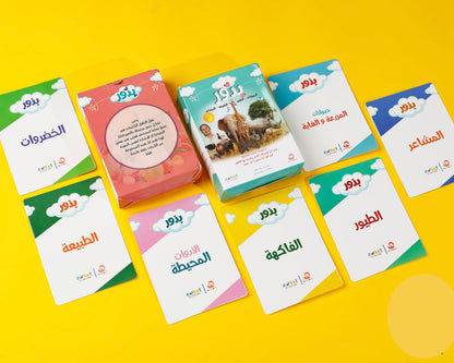 Set of educational cards with Arabic text on a yellow background